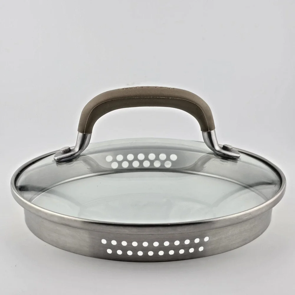 Circulon 7 Inch Glass Pot Lid w/ Stainless Rim & Brown Silicone Grip Handle